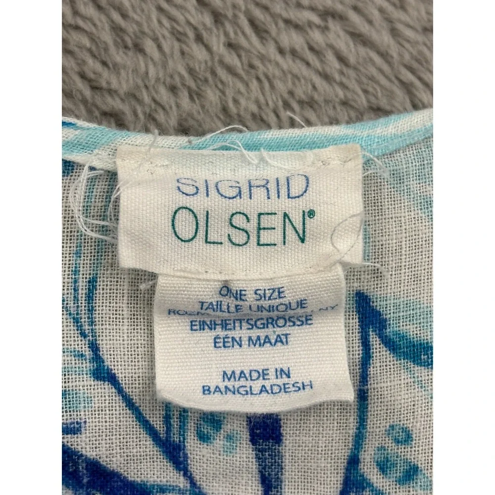 Sigrid Olsen‎ Linen Blend Open Front Long Cardigan Womens OS Blue Floral Beachy